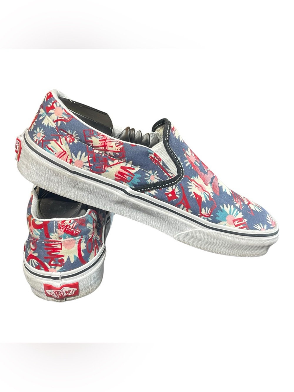 Vans Unisex Classic Slip On Floral Blue Red Sneakers Shoes Size Women 8.5 Men 7